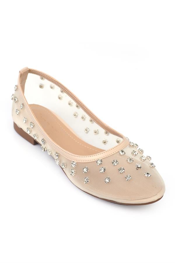 Capone Aura Crystal Embellished Mesh Women Beige Ballet Flat