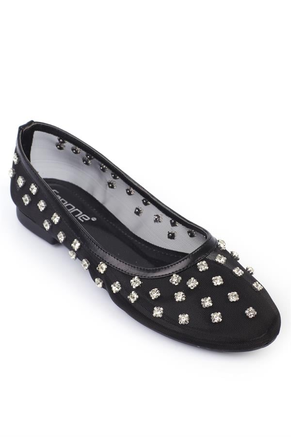 Capone Aura Crystal Embellished Mesh Women Black Ballet Flat