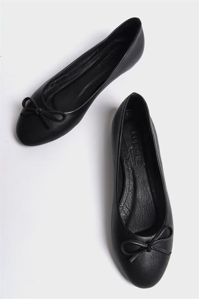 Capone Bloom Genuine Leather Bow Detail Round Toe Women Black Ballerinas image 3