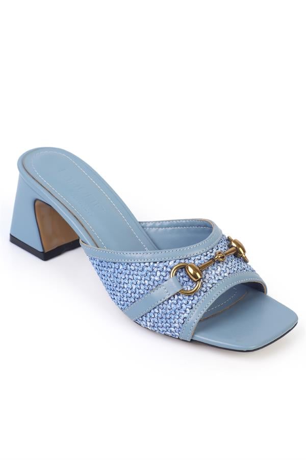 Capone Natalie Raffia Medium Heeled Wooden Buckled Women Denim Blue Sandals