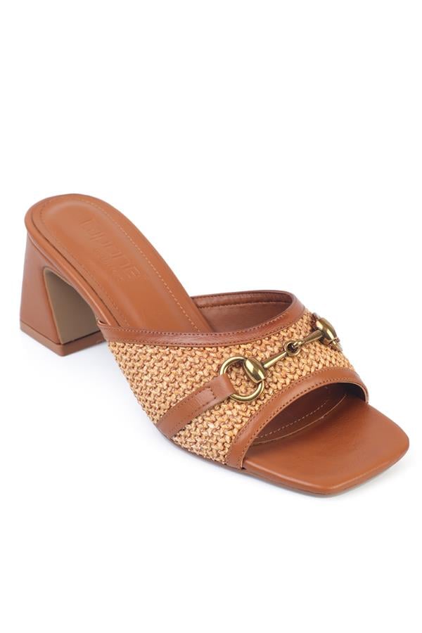 Capone Natalie Raffia Medium Heeled Wooden Buckled Women Tan Sandals
