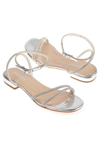 Capone Oval Toe Front Crystal Embellished Two Bands Low Heel Mirror Fabric Woman Sandals image 3
