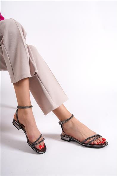 Capone Oval Toe Front Crystal Embellished Two Bands Low Heel Mirror Fabric Woman Sandals image 5