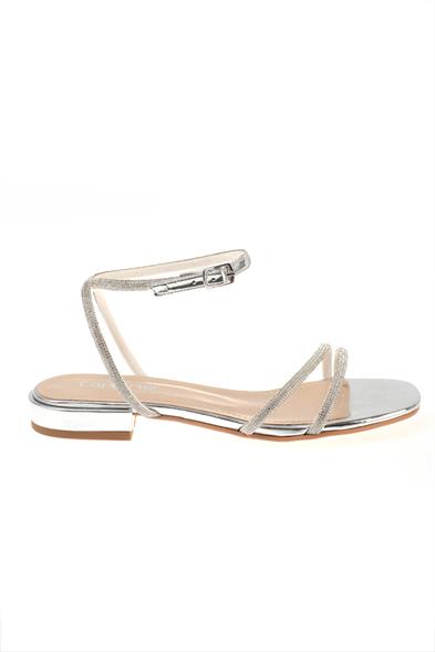 Capone Oval Toe Front Crystal Embellished Two Bands Low Heel Mirror Fabric Woman Sandals image 4