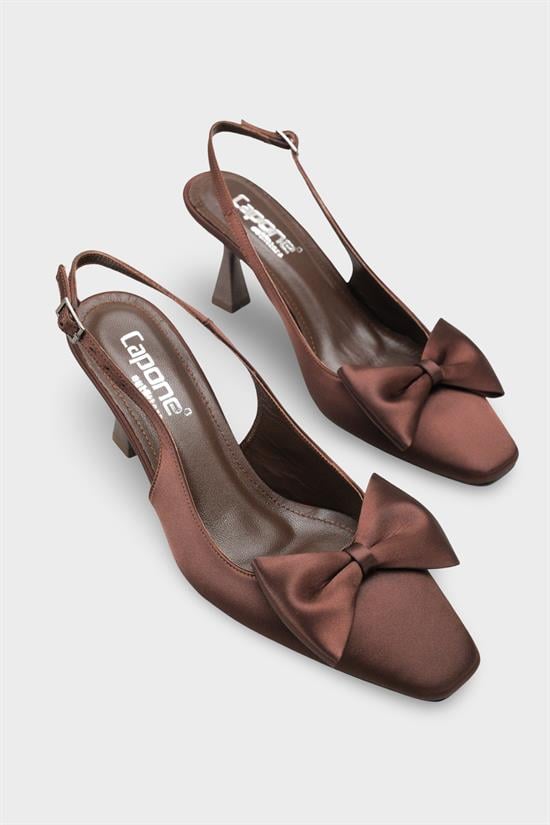 Capone Pam Blunt Pointed Toe Bow Open Back Satin Women Satin Brown Shoes image 3