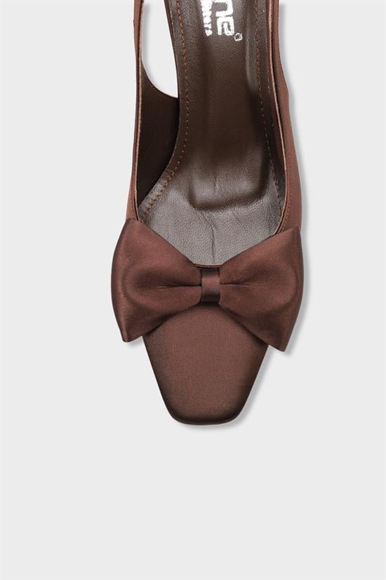 Capone Pam Blunt Pointed Toe Bow Open Back Satin Women Satin Brown Shoes image 4