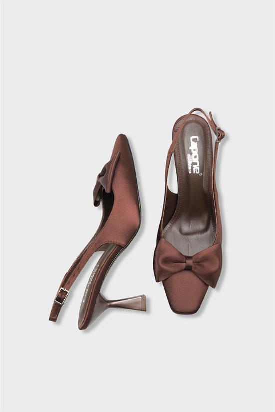 Capone Pam Blunt Pointed Toe Bow Open Back Satin Women Satin Brown Shoes image 5