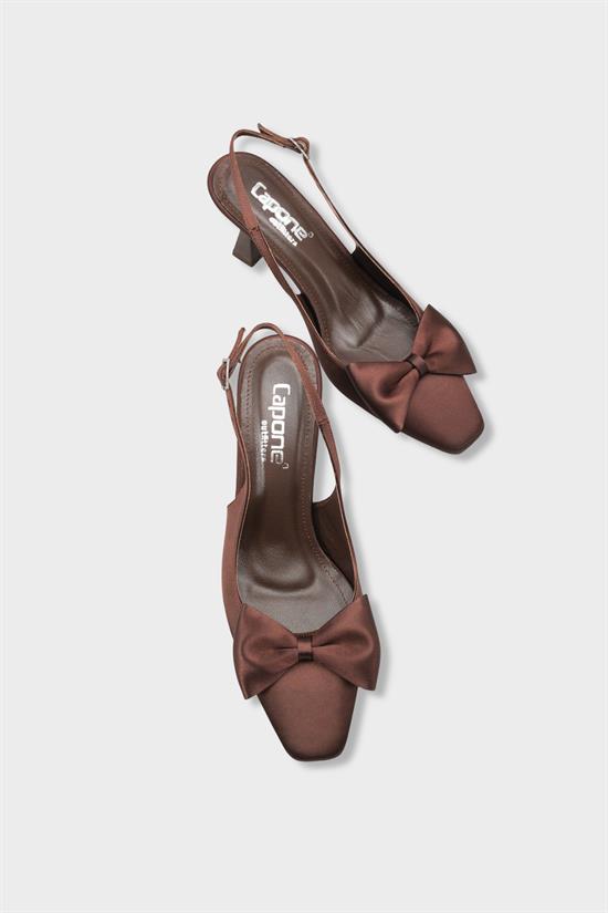 Capone Pam Blunt Pointed Toe Bow Open Back Satin Women Satin Brown Shoes image 6