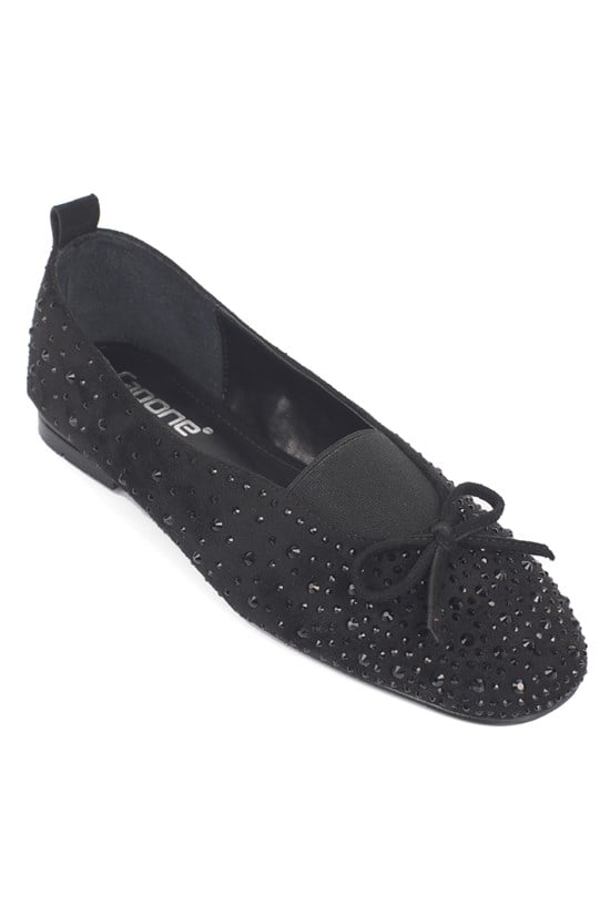 Capone Peggie Suede Look Round Toe Crystal Embellished Women Sued Black Ballet Flat