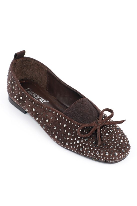 Capone Peggie Suede Look Round Toe Crystal Embellished Women Sued Brown Ballet Flat