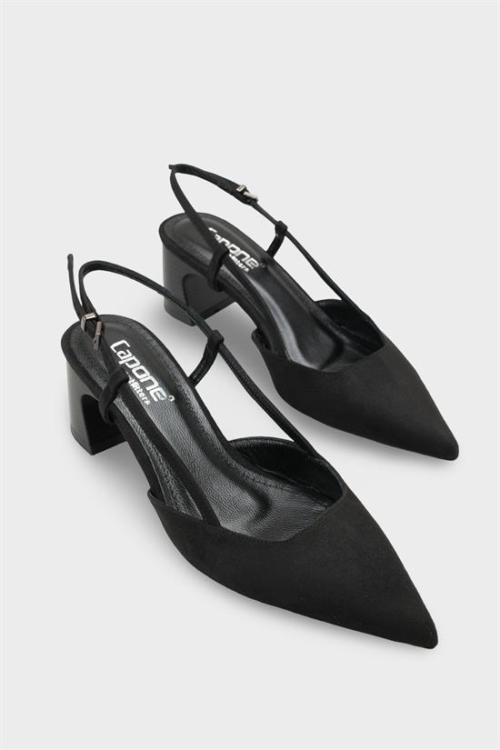 Capone Phelia Genuine Leather Lined Pointed Toe Mid Block Heel Suede Look Open Back Women Sued Black Shoe image 3