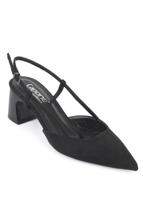 Capone Phelia Genuine Leather Lined Pointed Toe Mid Block Heel Suede Look Open Back Women Sued Black Shoe