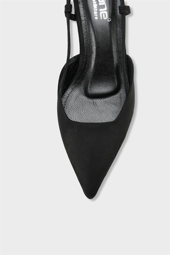 Capone Phelia Genuine Leather Lined Pointed Toe Mid Block Heel Suede Look Open Back Women Sued Black Shoe image 4