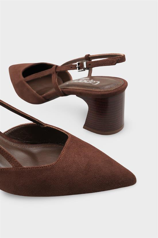 Capone Phelia Genuine Leather Lined Pointed Toe Mid Block Heel Suede Look Open Back Women Sued Brown Shoe image 5