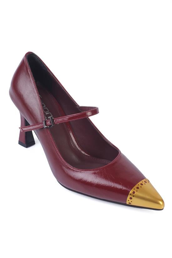 Capone Pointed Metal Toe Faux Patent Women Claret Red Shoes image 1