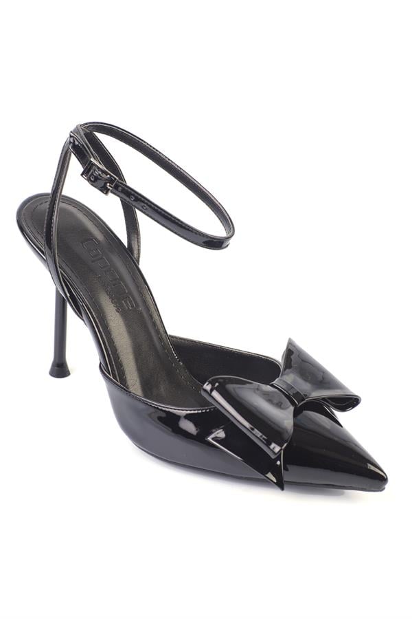 Capone Rona Pointed Toe Bow Ankle Strap Women Patent Black Shoes