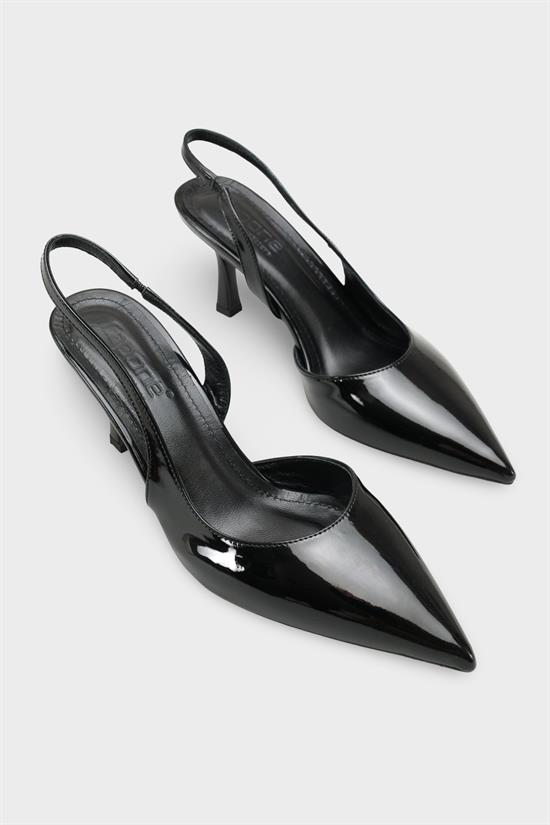 Capone Ramonda Genuine Leather Lined Pointed Toe Mid Heel Patent Look Open Back Women Patent Black Shoe image 3