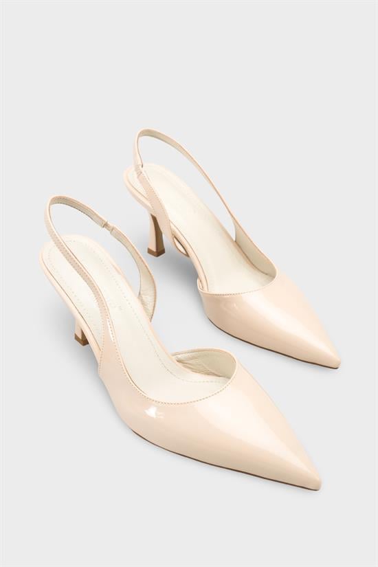 Capone Ramonda Genuine Leather Lined Pointed Toe Mid Heel Patent Look Open Back Women Patent Ecru Shoe image 3
