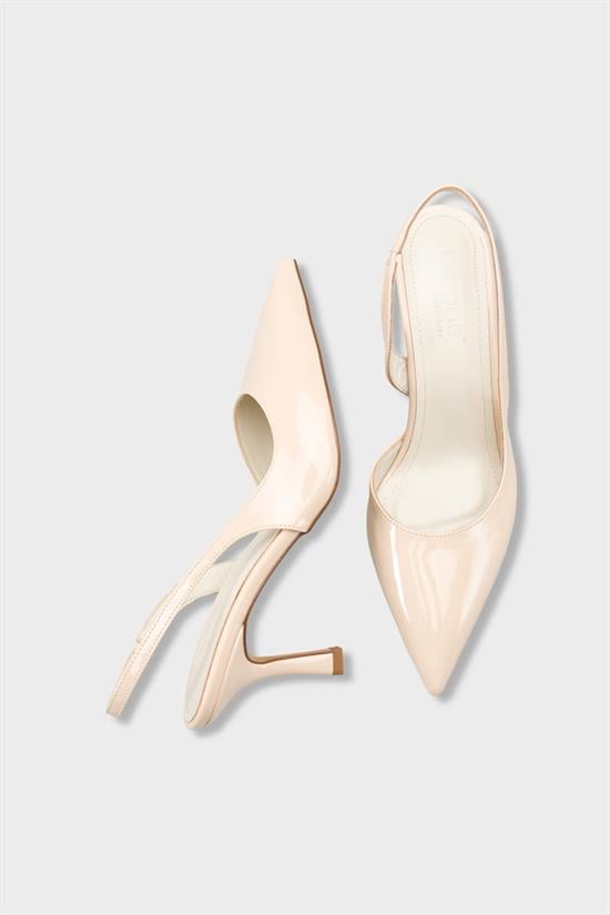 Capone Ramonda Genuine Leather Lined Pointed Toe Mid Heel Patent Look Open Back Women Patent Ecru Shoe image 6