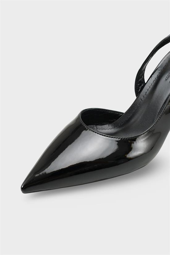 Capone Ramonda Genuine Leather Lined Pointed Toe Mid Heel Patent Look Open Back Women Patent Black Shoe image 4