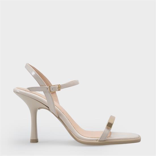 Capone Reggi Square Toe Metal Single Band Mid Heel Ankle Strap Women Patent Beige Shoe image 3