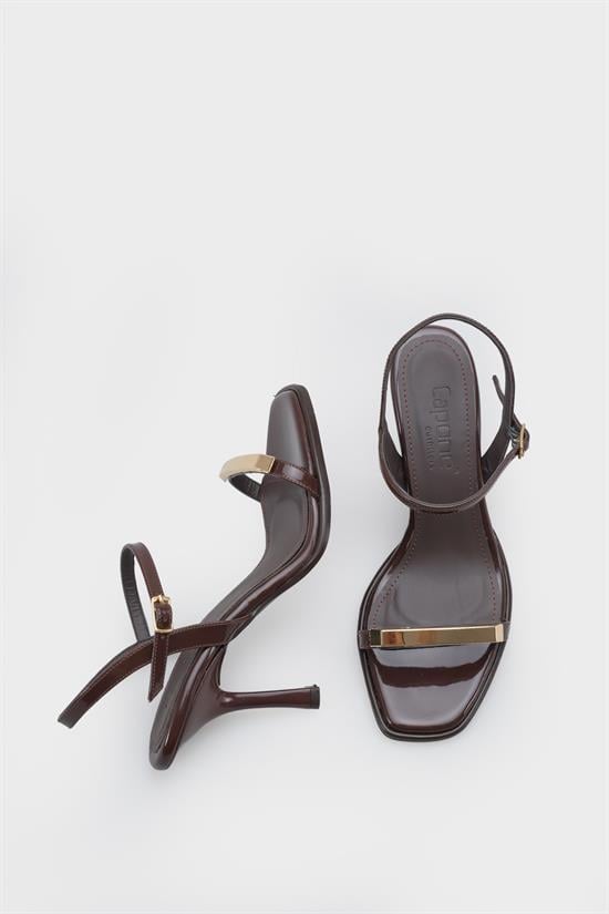 Capone Reggi Square Toe Metal Single Band Mid Heel Ankle Strap Women Patent Brown Shoe image 6