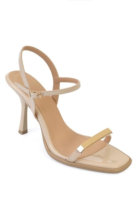 Capone Reggi Square Toe Metal Single Band Mid Heel Ankle Strap Women Patent Beige Shoe