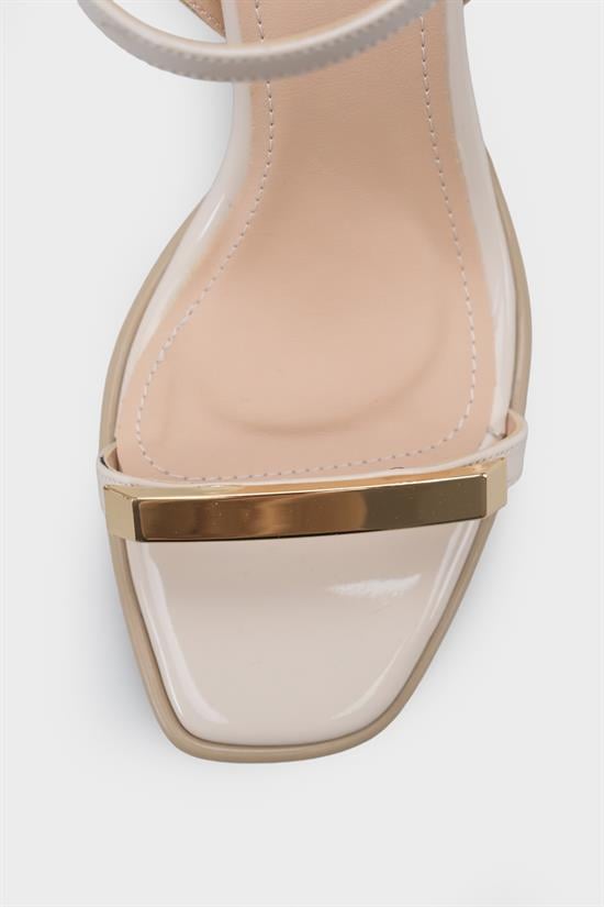 Capone Reggi Square Toe Metal Single Band Mid Heel Ankle Strap Women Patent Beige Shoe image 5