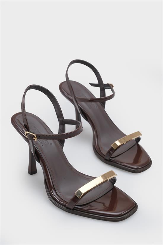 Capone Reggi Square Toe Metal Single Band Mid Heel Ankle Strap Women Patent Brown Shoe image 4