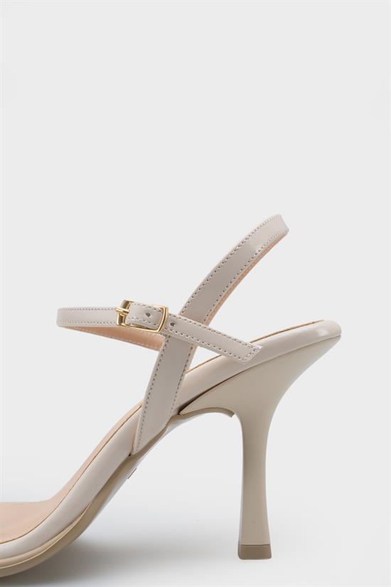 Capone Reggi Square Toe Metal Single Band Mid Heel Ankle Strap Women Patent Beige Shoe image 6