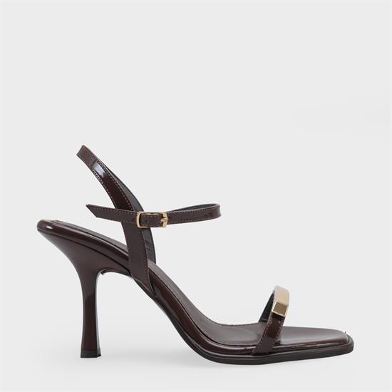 Capone Reggi Square Toe Metal Single Band Mid Heel Ankle Strap Women Patent Brown Shoe image 3