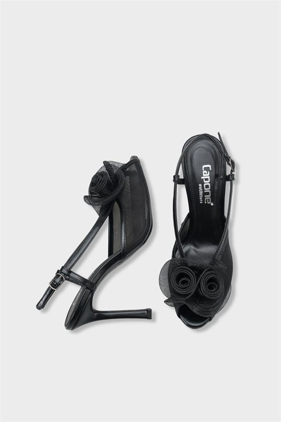 Capone  Reina Mesh Round Toe Bow Detail High Heel Strap Women Black Shoe image 6