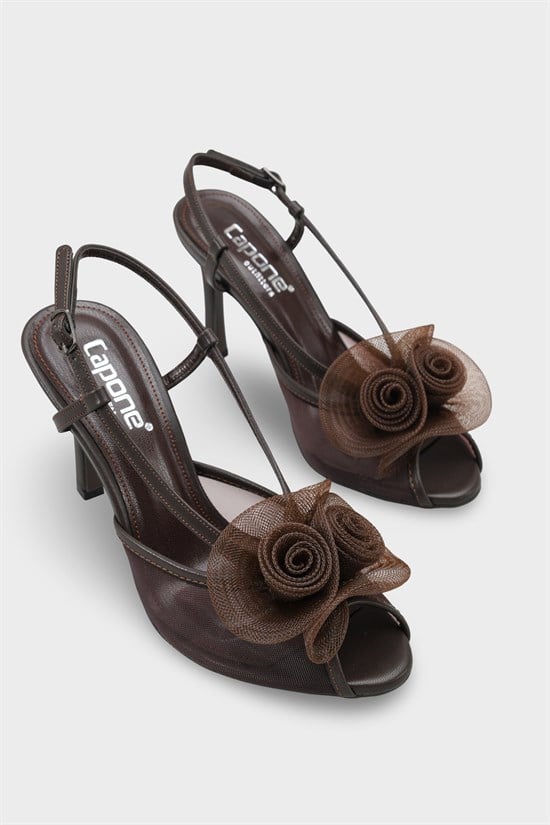 Capone  Reina Mesh Round Toe Bow Detail High Heel Strap Women Brown Shoe image 3