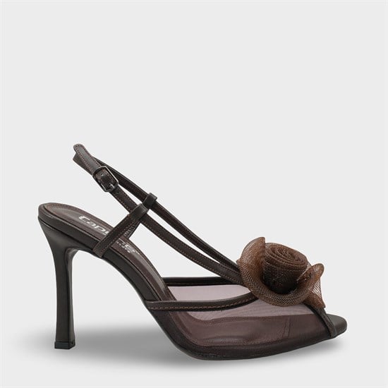 Capone  Reina Mesh Round Toe Bow Detail High Heel Strap Women Brown Shoe image 2