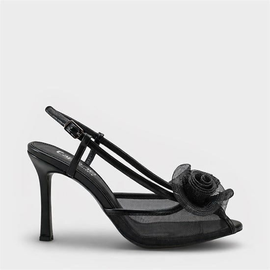 Capone  Reina Mesh Round Toe Bow Detail High Heel Strap Women Black Shoe image 2