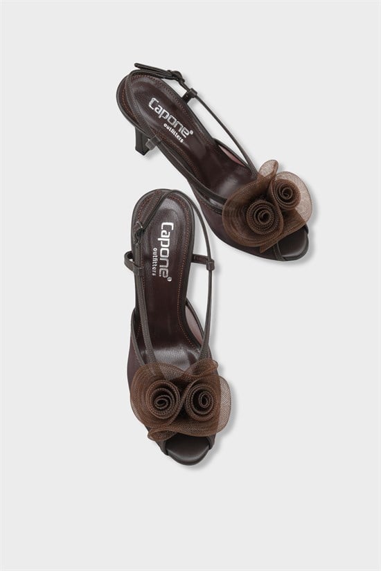 Capone  Reina Mesh Round Toe Bow Detail High Heel Strap Women Brown Shoe image 6