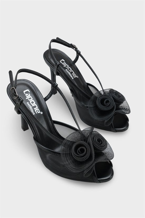 Capone  Reina Mesh Round Toe Bow Detail High Heel Strap Women Black Shoe image 3