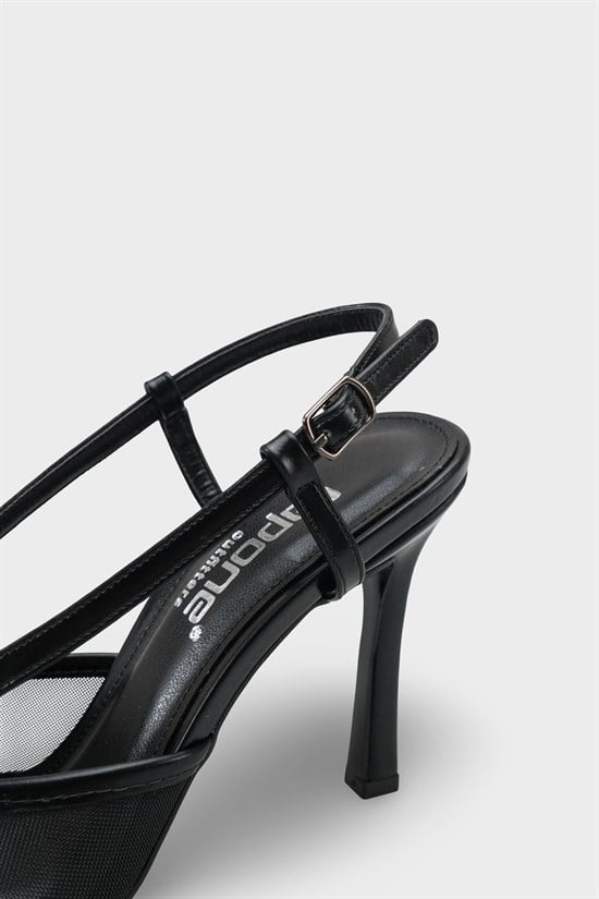 Capone  Reina Mesh Round Toe Bow Detail High Heel Strap Women Black Shoe image 5