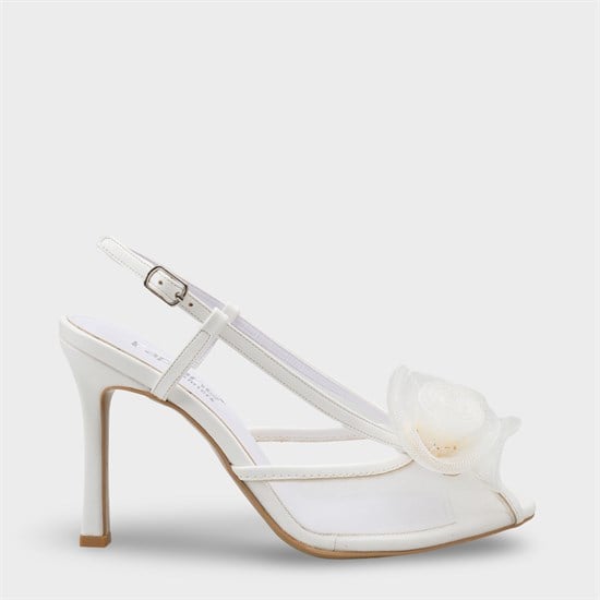 Capone  Reina Mesh Round Toe Bow Detail High Heel Strap Women White Shoe image 2