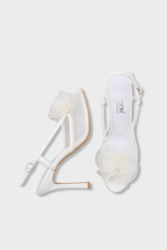 Capone  Reina Mesh Round Toe Bow Detail High Heel Strap Women White Shoe image 6