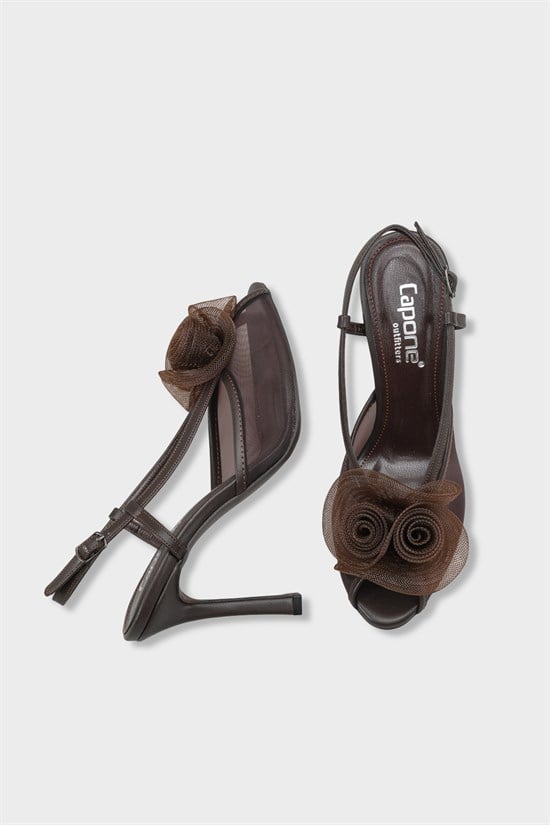 Capone  Reina Mesh Round Toe Bow Detail High Heel Strap Women Brown Shoe image 5