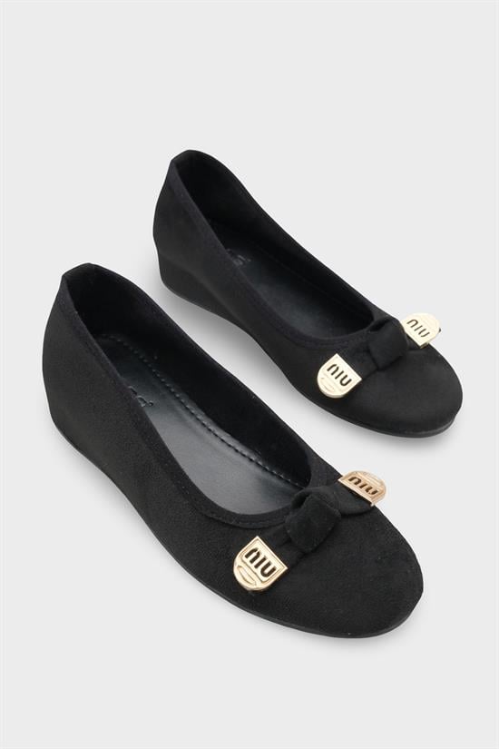 Capone Rena Suede Look Hidden Wedge Metal Buckle Women Sued Black Ballet Flat image 3