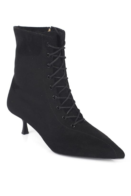 Capone Rhea Suede Look Pointed Toe Lace-Up Elegant Women Sued Black Boot