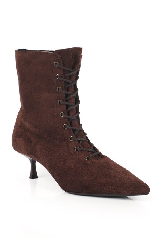 Capone Rhea Suede Look Pointed Toe Lace-Up Elegant Women Sued Brown Boot