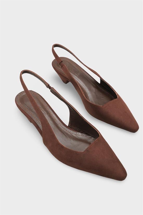 Capone Ricki Genuine Leather Lined Pointed Toe Mid Heel Suede Look Open Back Women Sued Brown Shoe image 3