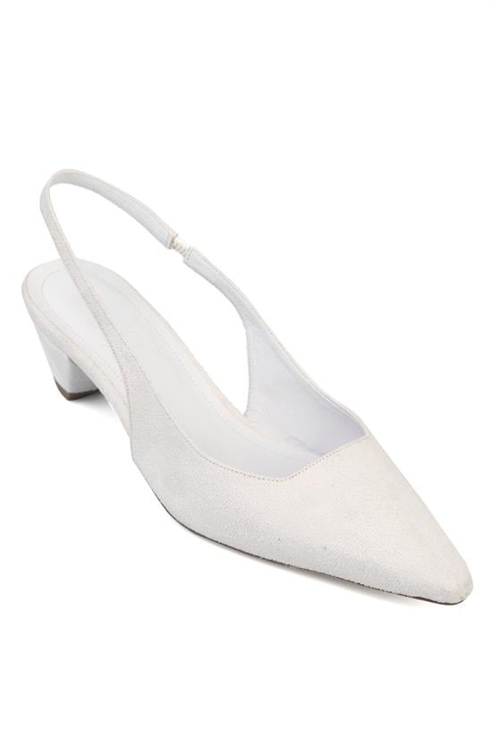 Capone Ricki Genuine Leather Lined Pointed Toe Mid Heel Suede Look Open Back Women White Shoe