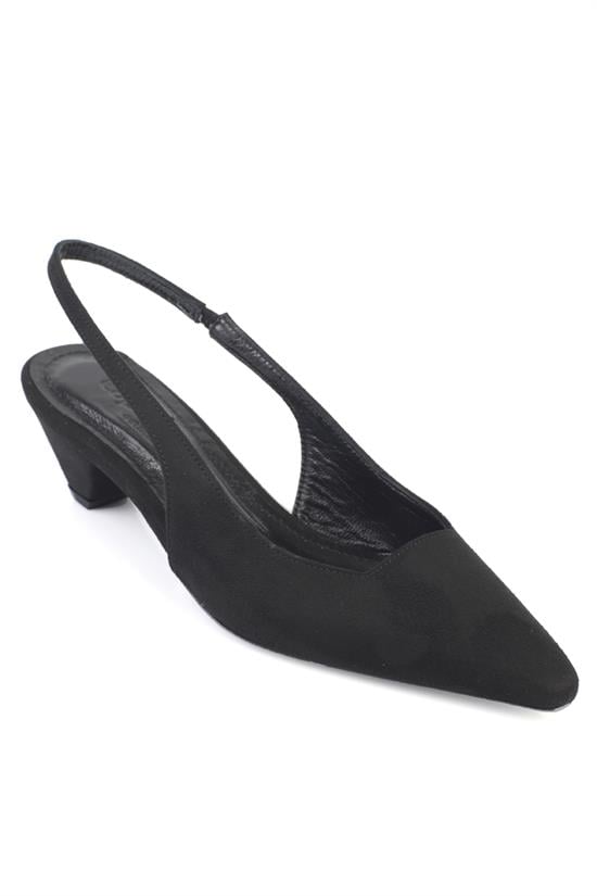 Capone Ricki Genuine Leather Lined Pointed Toe Mid Heel Suede Look Open Back Women Sued Black Shoe