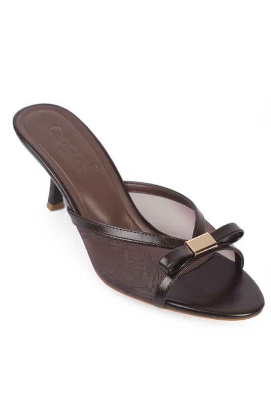 Capone Robbi Pointed Toe Mesh Bow Detail Mid Heel Elegant Women Brown Sandal