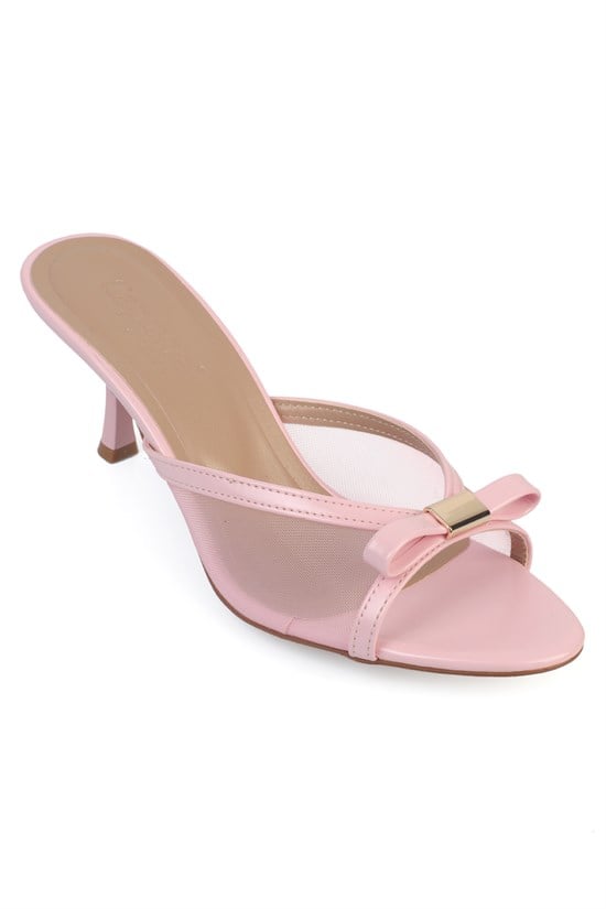 Capone Robbi Pointed Toe Mesh Bow Detail Mid Heel Elegant Women Pink Sandal