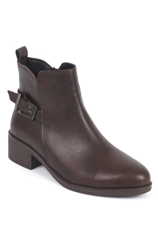 Capone Ronda Buckle Mid Heel Casual Women Brown Ankle Boot
